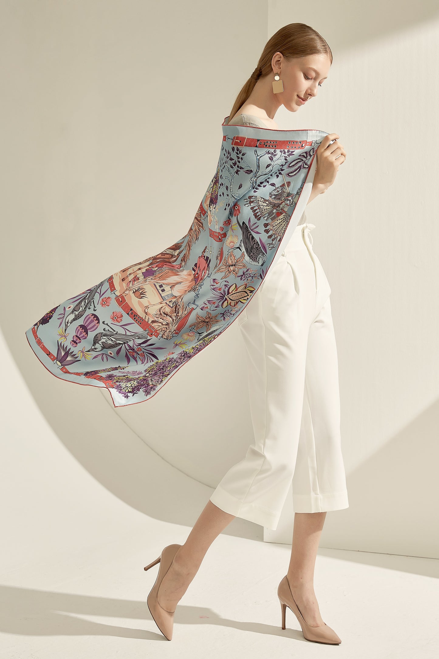 The 'Downton Manor' Silk Shawl (Pastel Blue & Coral)