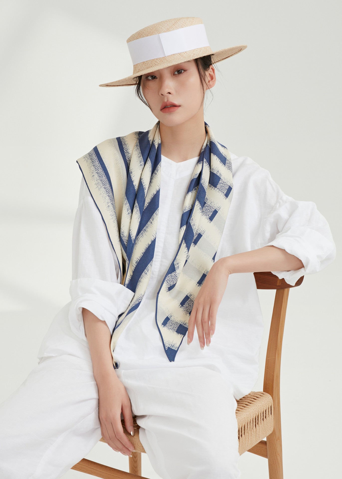 The Odyssey Triangle Silk Scarf (Nautical Blue & Cream)