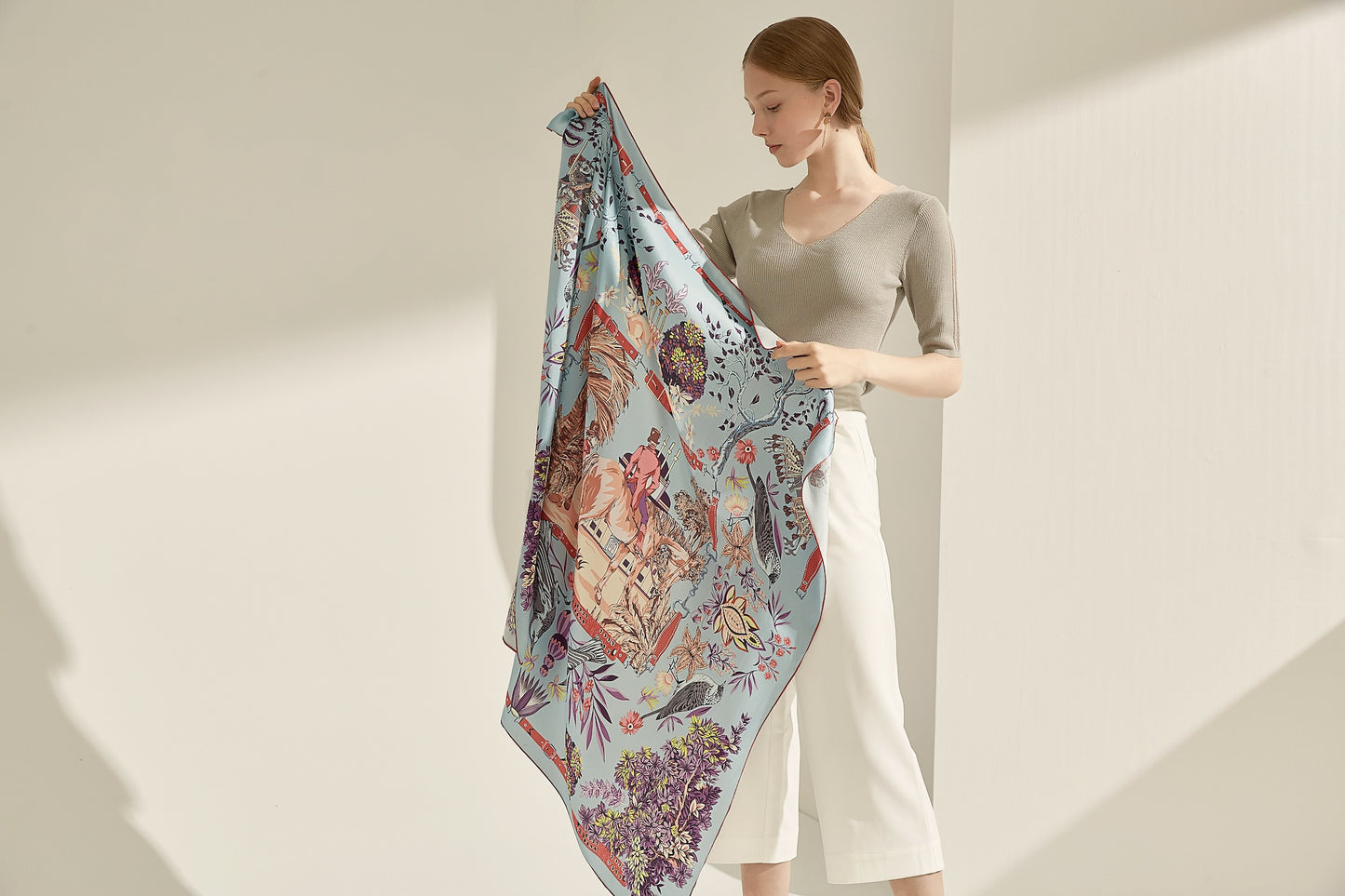 The 'Downton Manor' Silk Shawl (Pastel Blue & Coral)