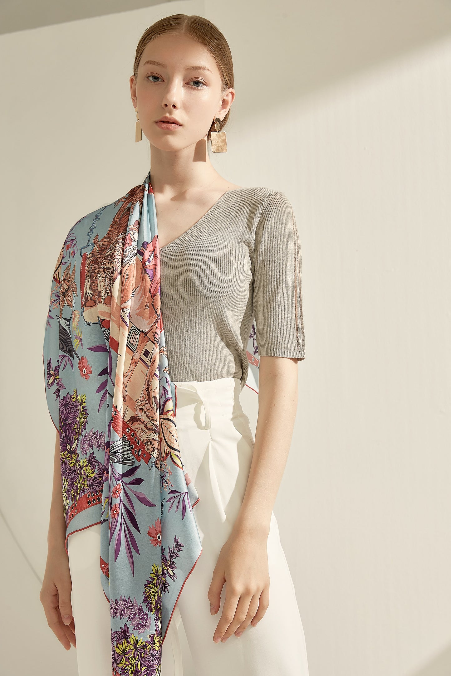 The 'Downton Manor' Silk Shawl (Pastel Blue & Coral)