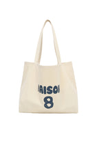 Cream canvas tote bag with blue letter print