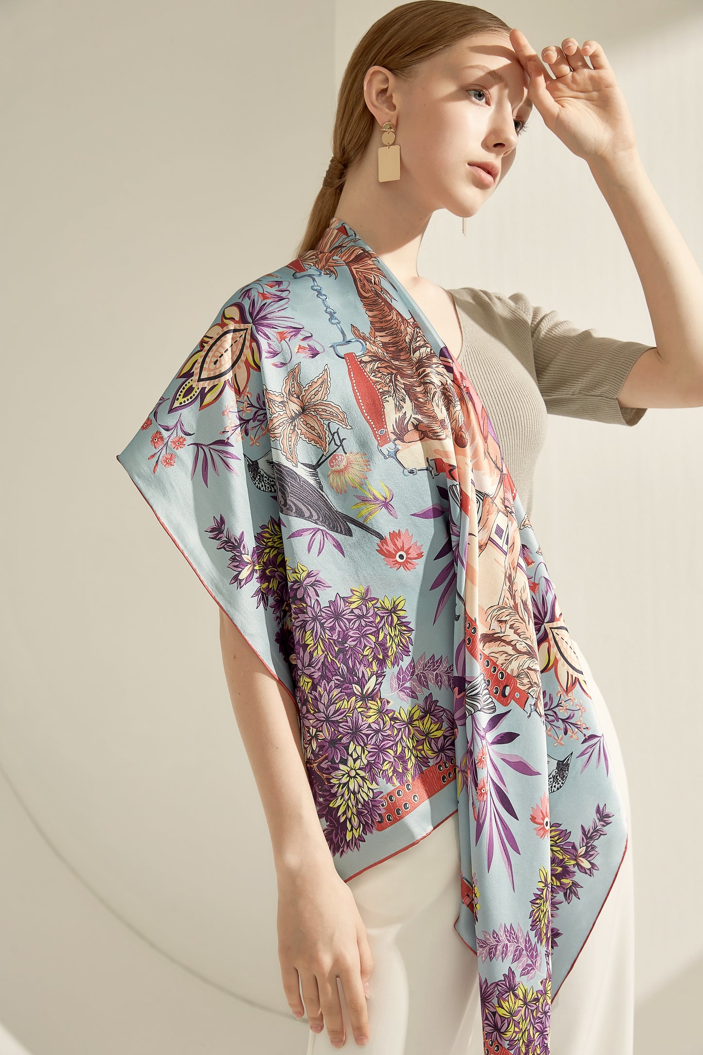 The 'Downton Manor' Silk Shawl (Pastel Blue & Coral)