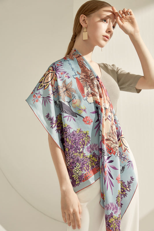 The 'Downton Manor' Silk Shawl (Pastel Blue & Coral)