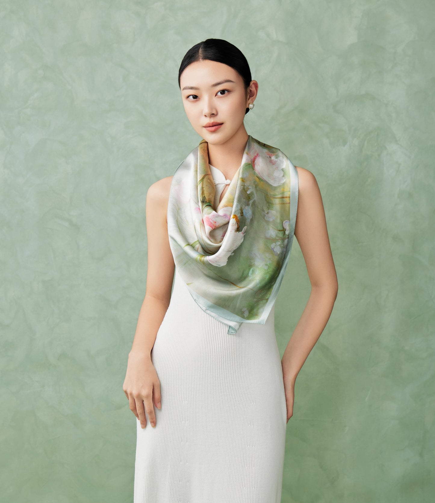 The 'Monet's Garden' Silk Shawl (Pastel Green & Pink)