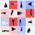 Flat view of the silk scarf showing a four by four grid of black ink fashion figures on red blue and blush panels