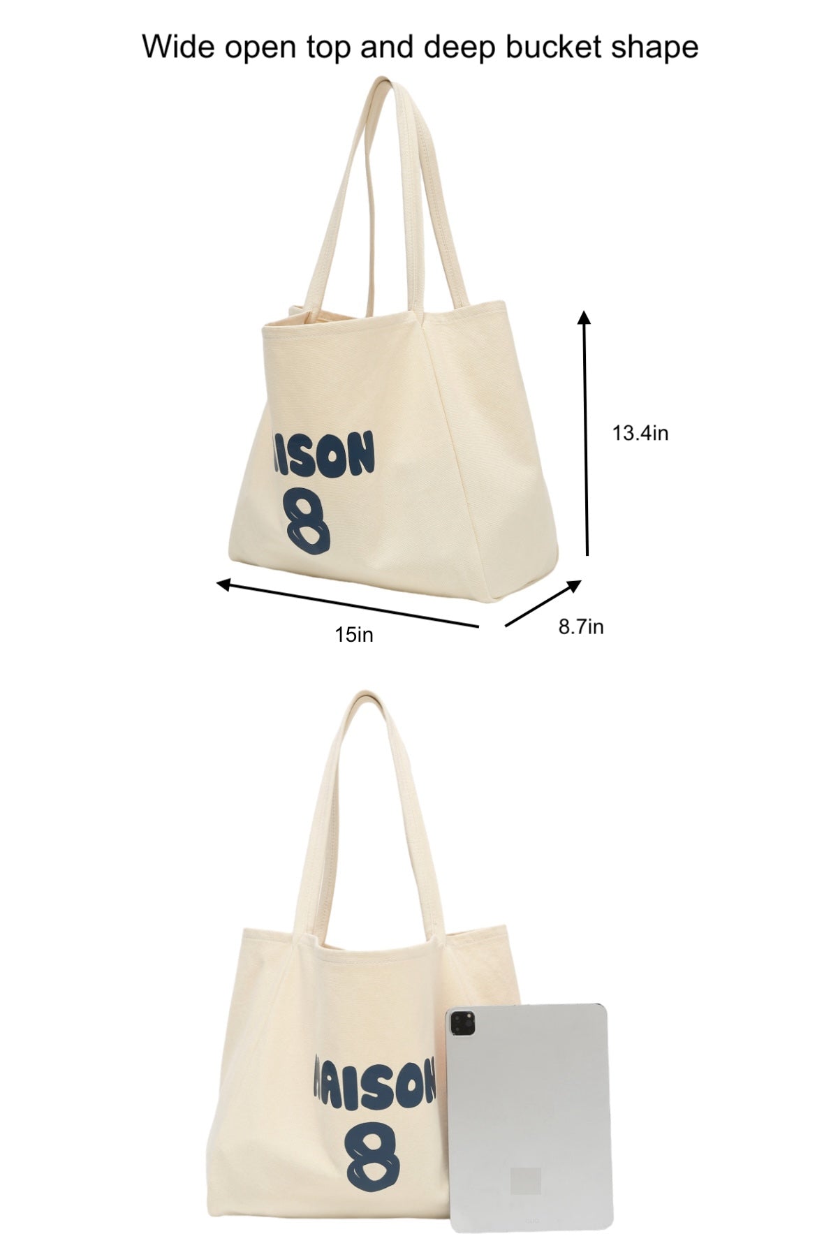 Cream oversized tote bag size and tablet comparison