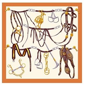 Flat view of the tack room silk scarf with bridles bits stirrups and buckles inside an orange border