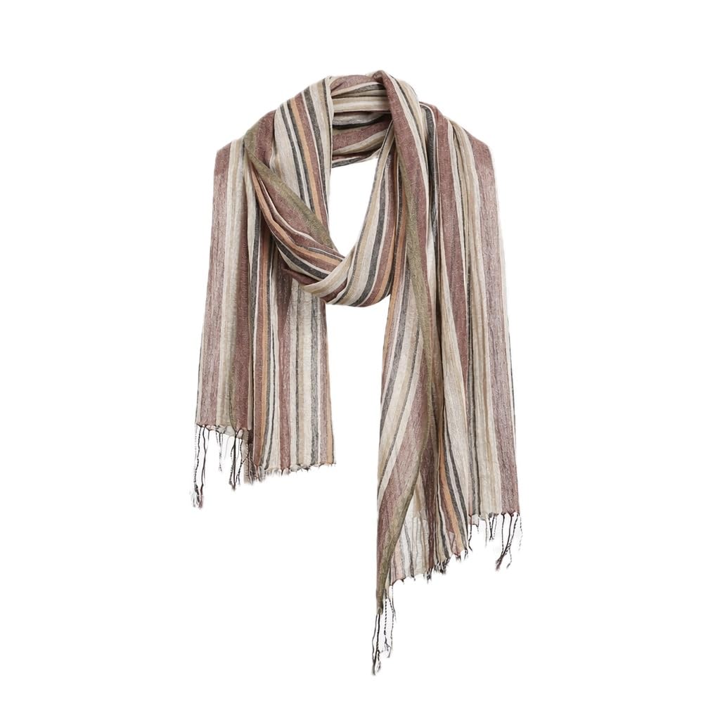 Cotton linen striped scarf in oat cocoa and charcoal draped in a loose loop with twisted fringe