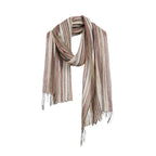 Cotton linen striped scarf in oat cocoa and charcoal draped in a loose loop with twisted fringe