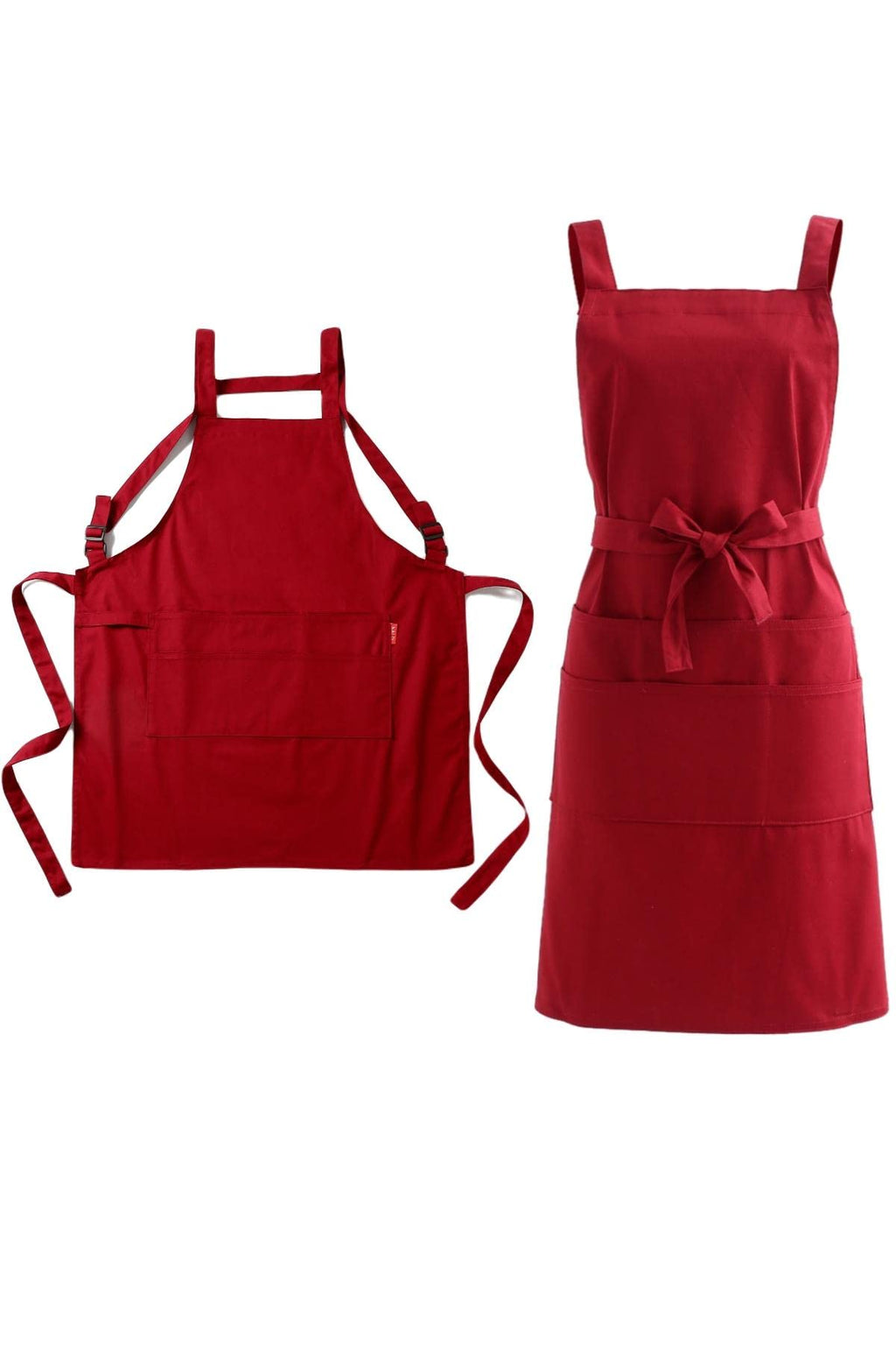 Red cotton twill apron shown from the back and the front with H shaped straps