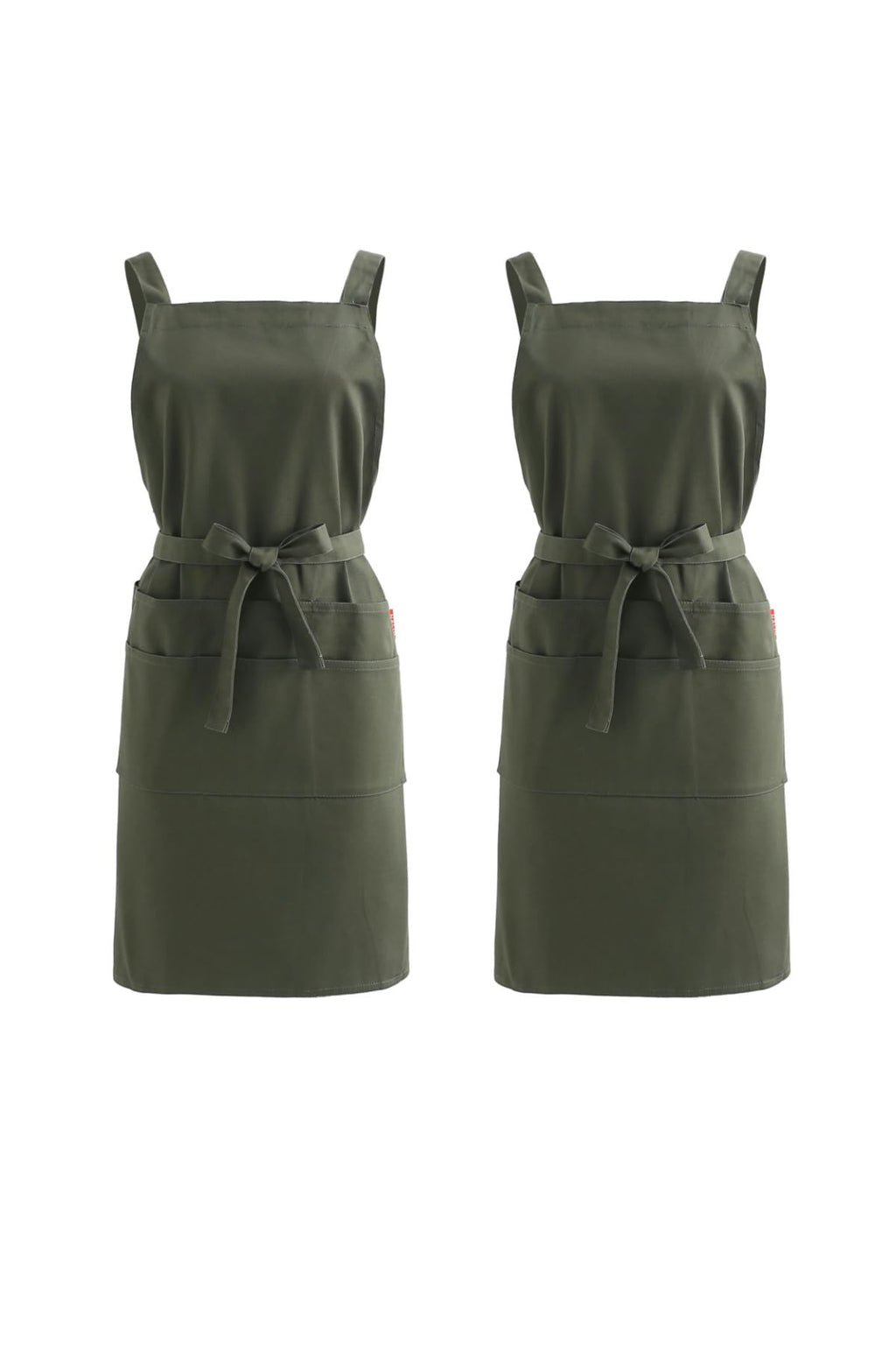 Two army green cotton twill aprons side by side showing what comes in the two pack