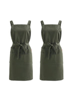 Two army green cotton twill aprons side by side showing what comes in the two pack