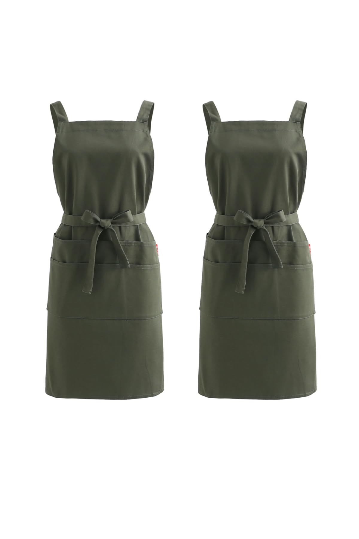 Two army green cotton twill aprons side by side showing what comes in the two pack