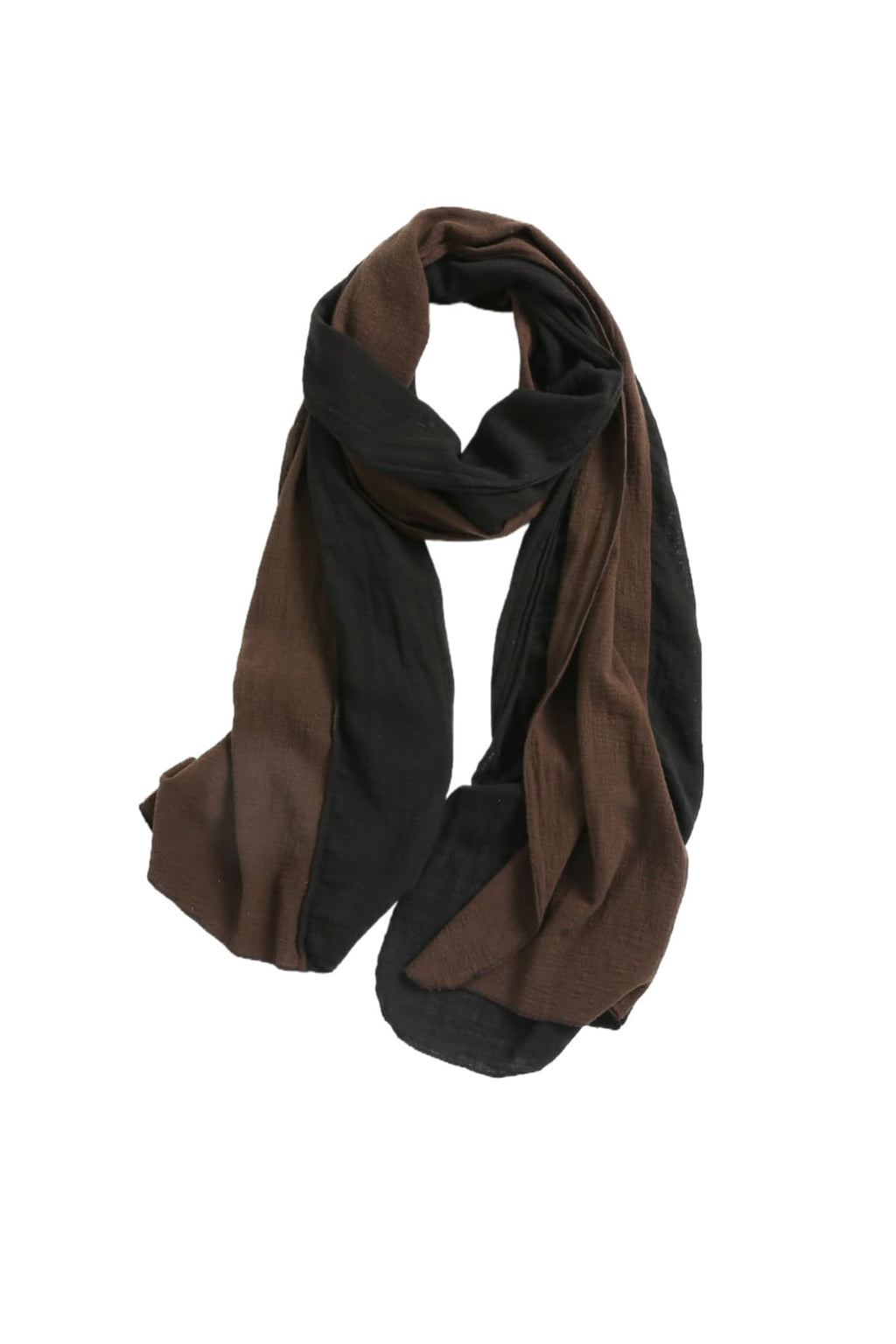 Coffee and charcoal cotton scarf folded beside a white ceramic vase on a pale table