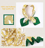 Detail panels of the gold harness print, green satin border and a mulberry silk note