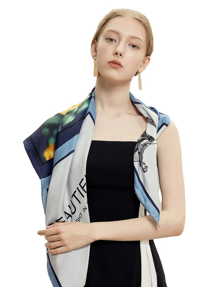 Navy sky blue and white silk scarf with diagonal colour bands a brushed yellow flower and a line-drawn rider