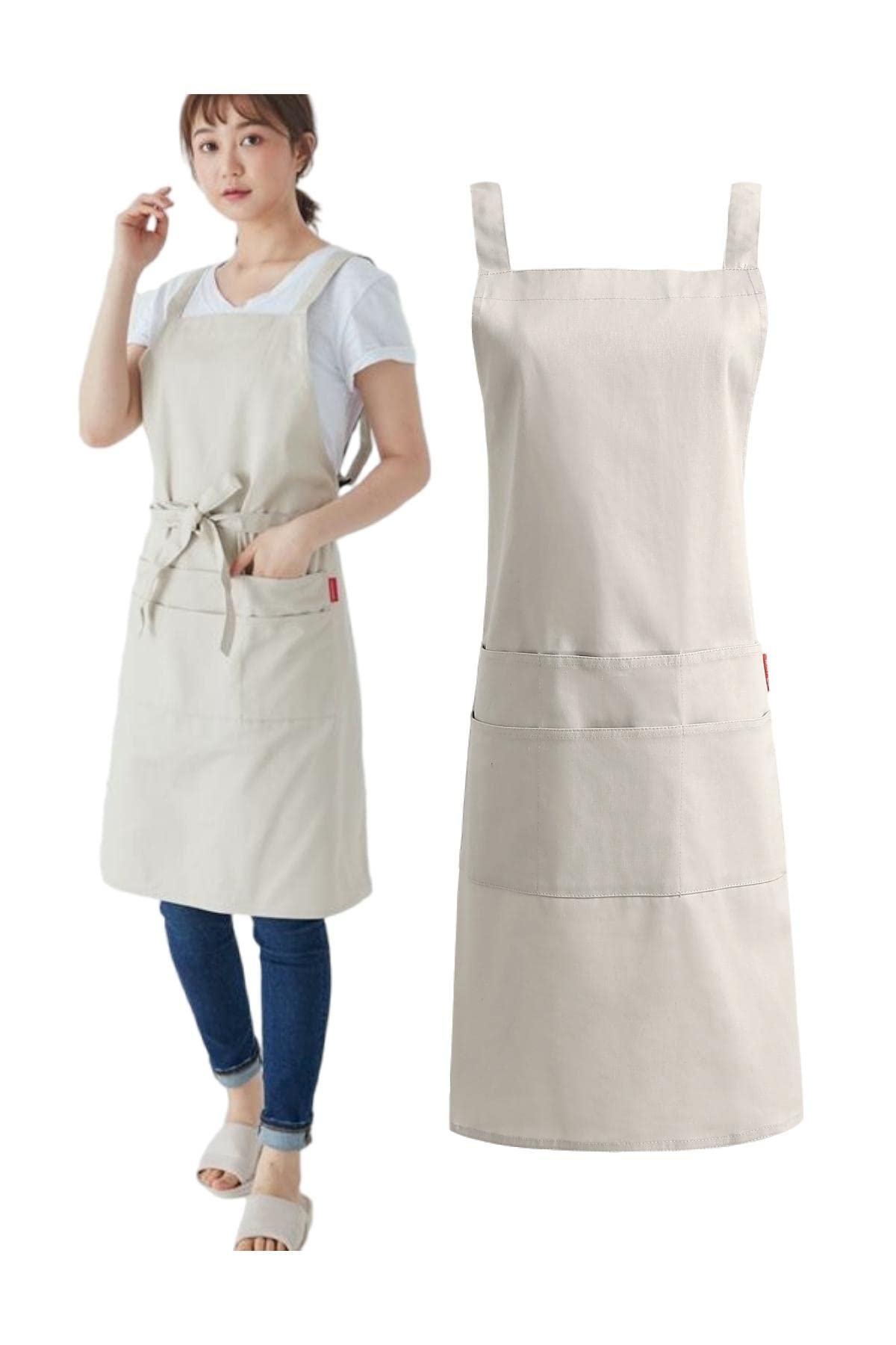 Woman in a cream cotton twill apron beside the same apron shown flat