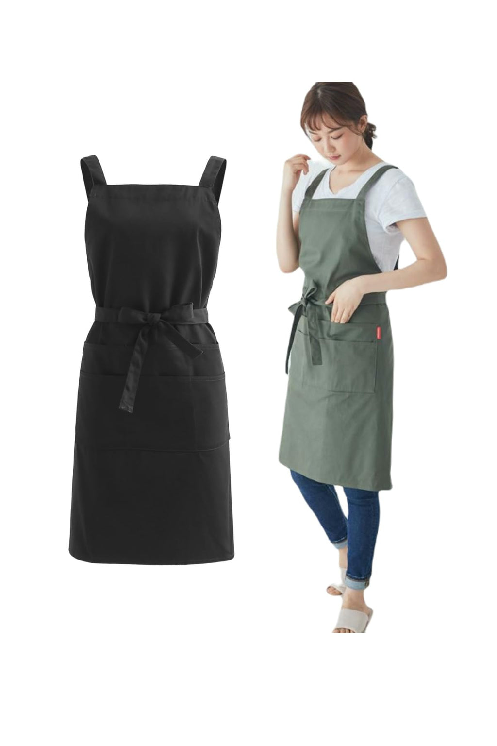 Black apron and army green apron shown together as the mixed two pack