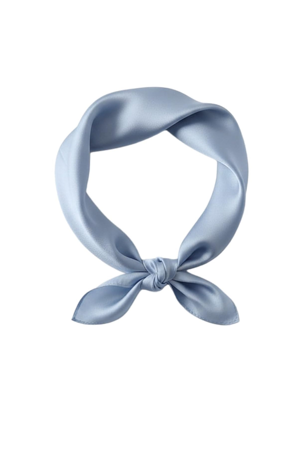 Dusty blue silk charmeuse neckerchief tied in a loop, plain face and narrow rolled hem