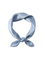 Dusty blue silk charmeuse neckerchief tied in a loop, plain face and narrow rolled hem