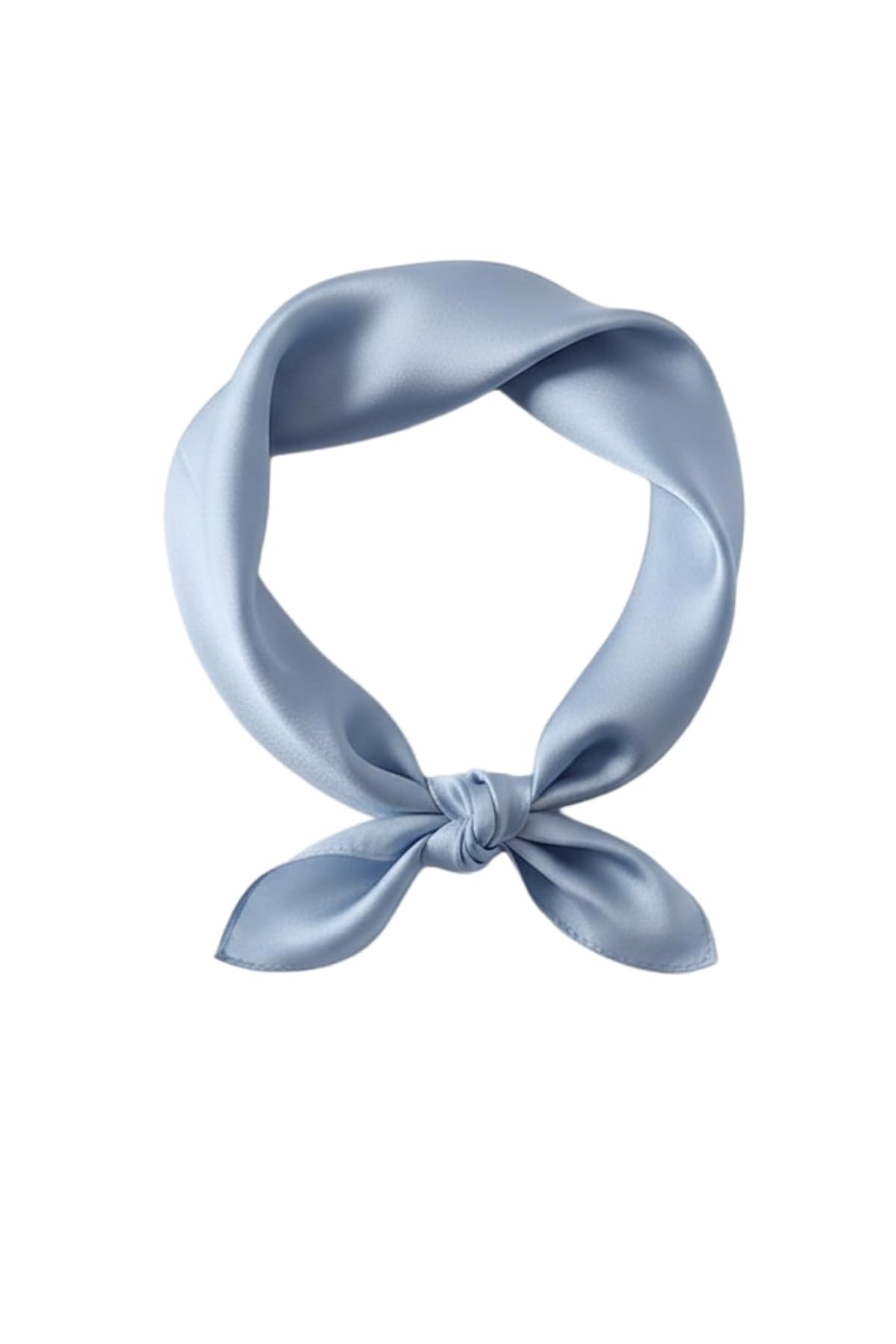 Dusty blue silk charmeuse neckerchief tied in a loop, plain face and narrow rolled hem