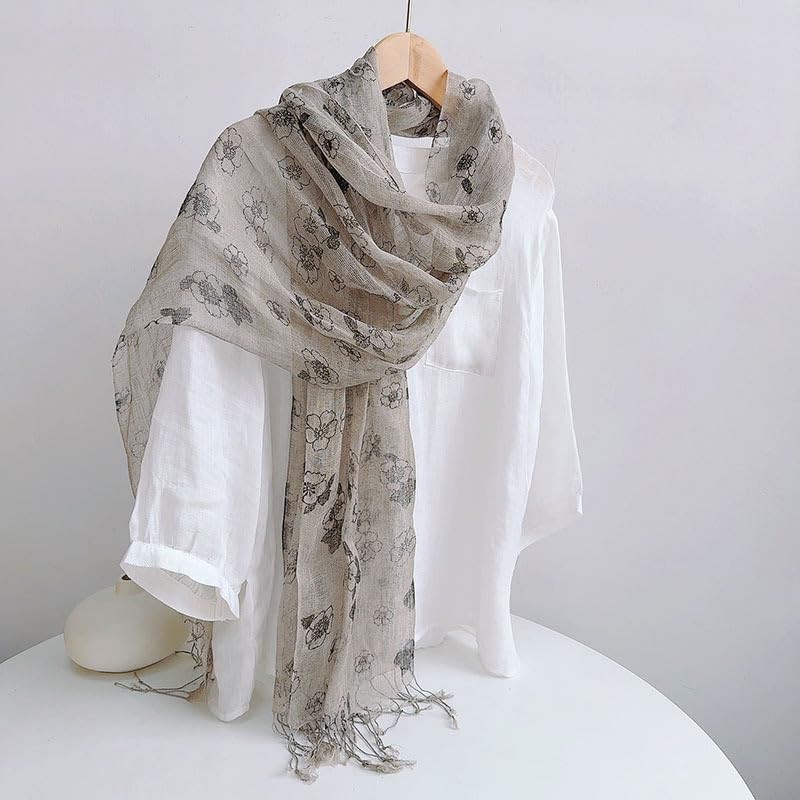 Ink floral linen scarf draped, showing the softer drape of the finer yarn