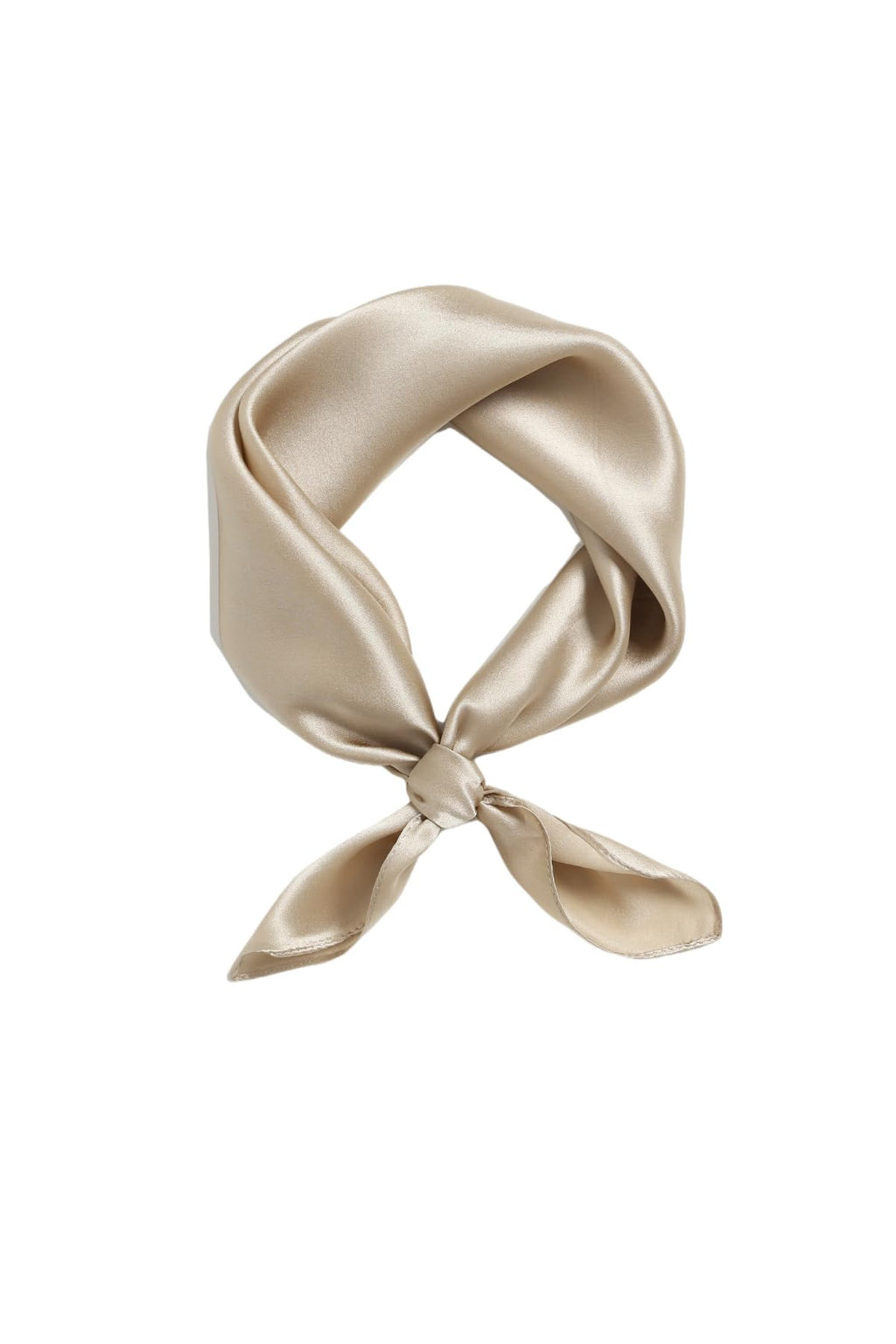 Champagne beige silk charmeuse neckerchief tied in a loop, warm sand tone with no print