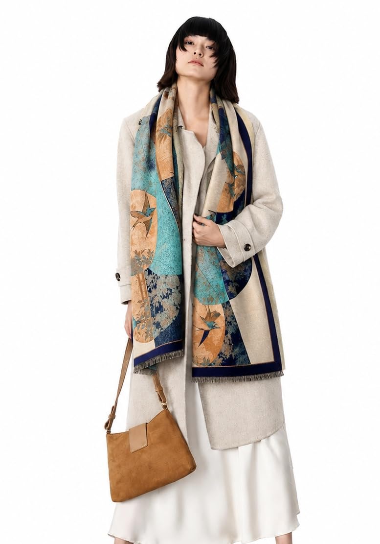Woman in a cream coat wearing the swallow and fan shawl looped at the neck with the navy border showing