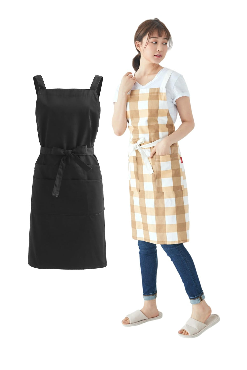 Plain black apron shown flat beside a woman in the brown check cross back apron