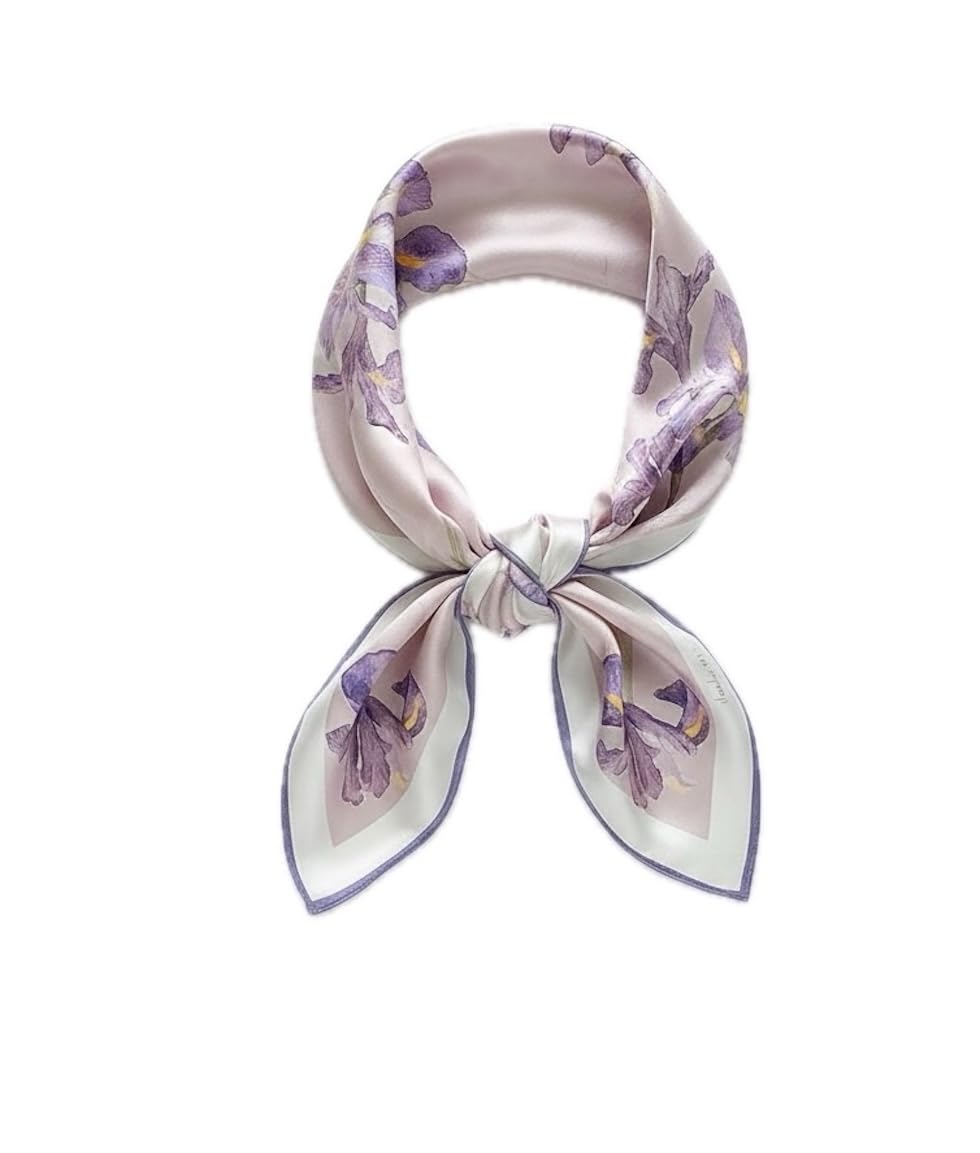 Mauve iris-print square knotted into a small loop, white border and violet edge line