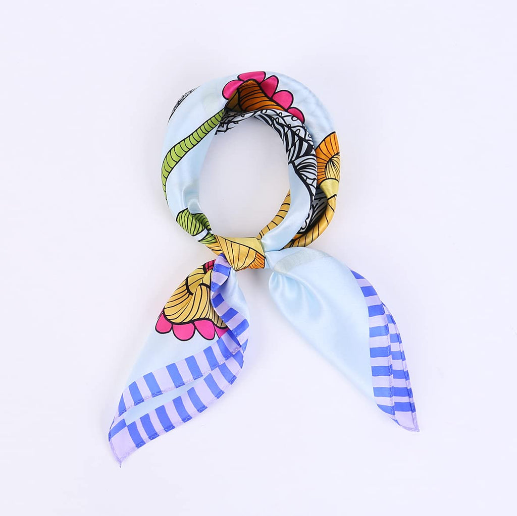 Pale blue square coiled into a ring and knotted, blue striped border on the tails