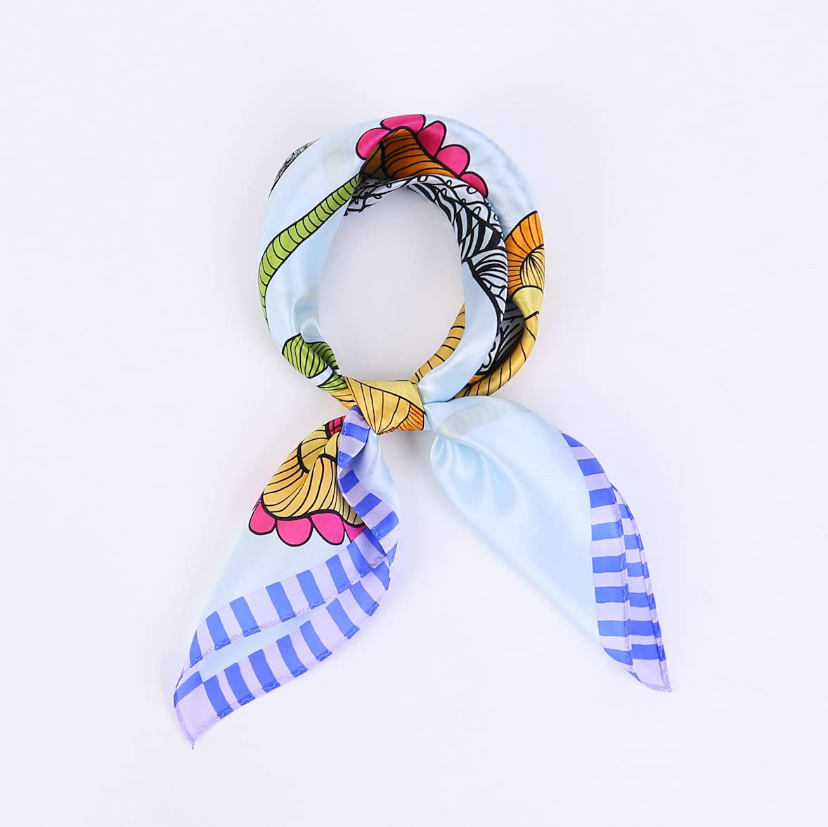Pale blue square coiled into a ring and knotted, blue striped border on the tails