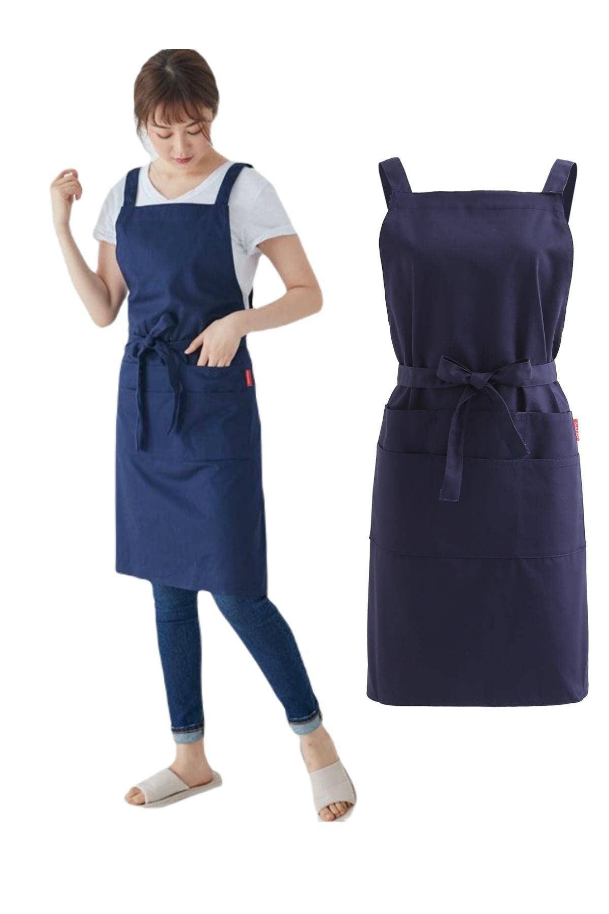 Woman in a navy cotton twill apron next to the same apron shown flat