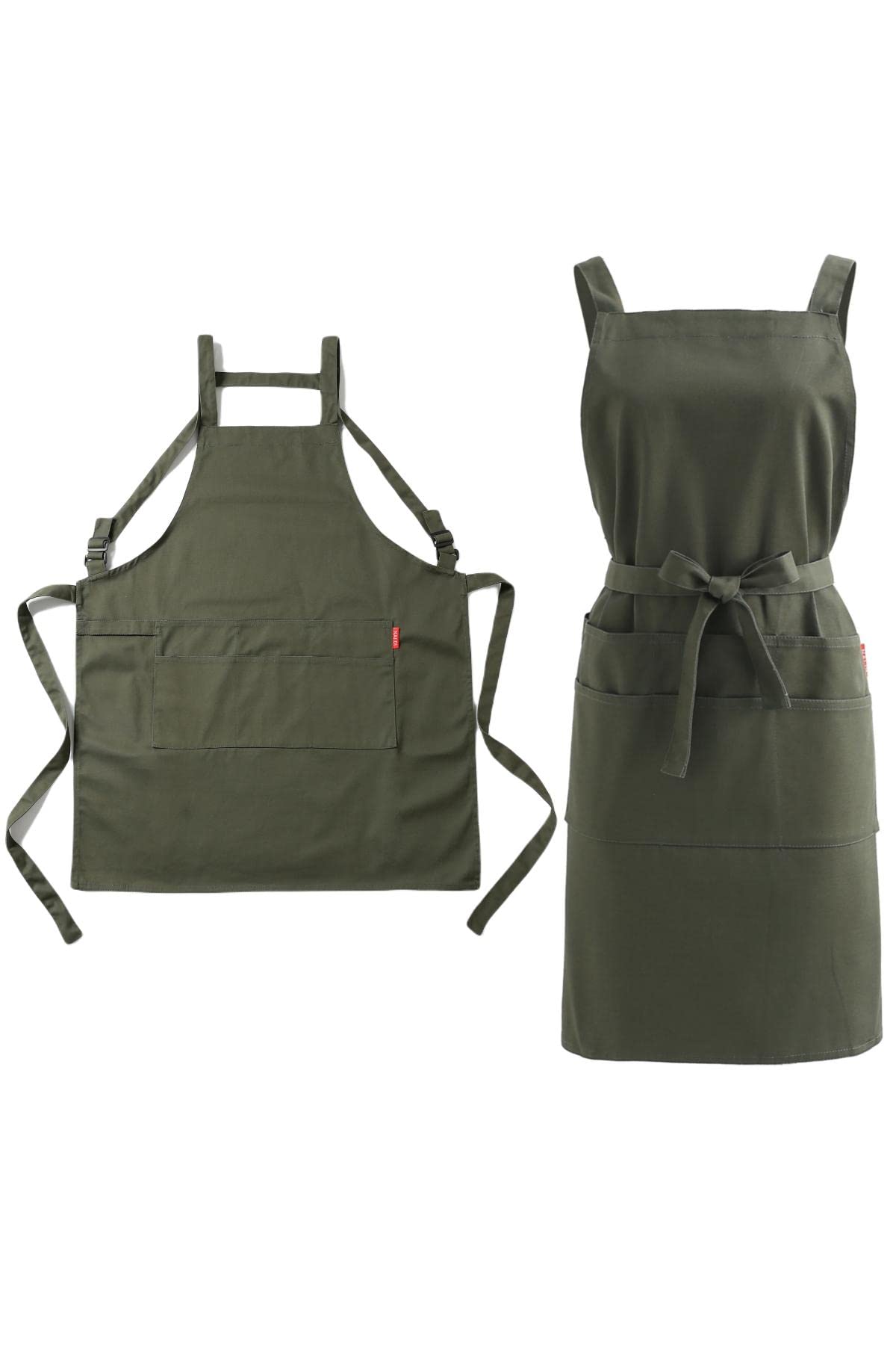Army green cotton twill apron shown from the back and the front with H shaped straps