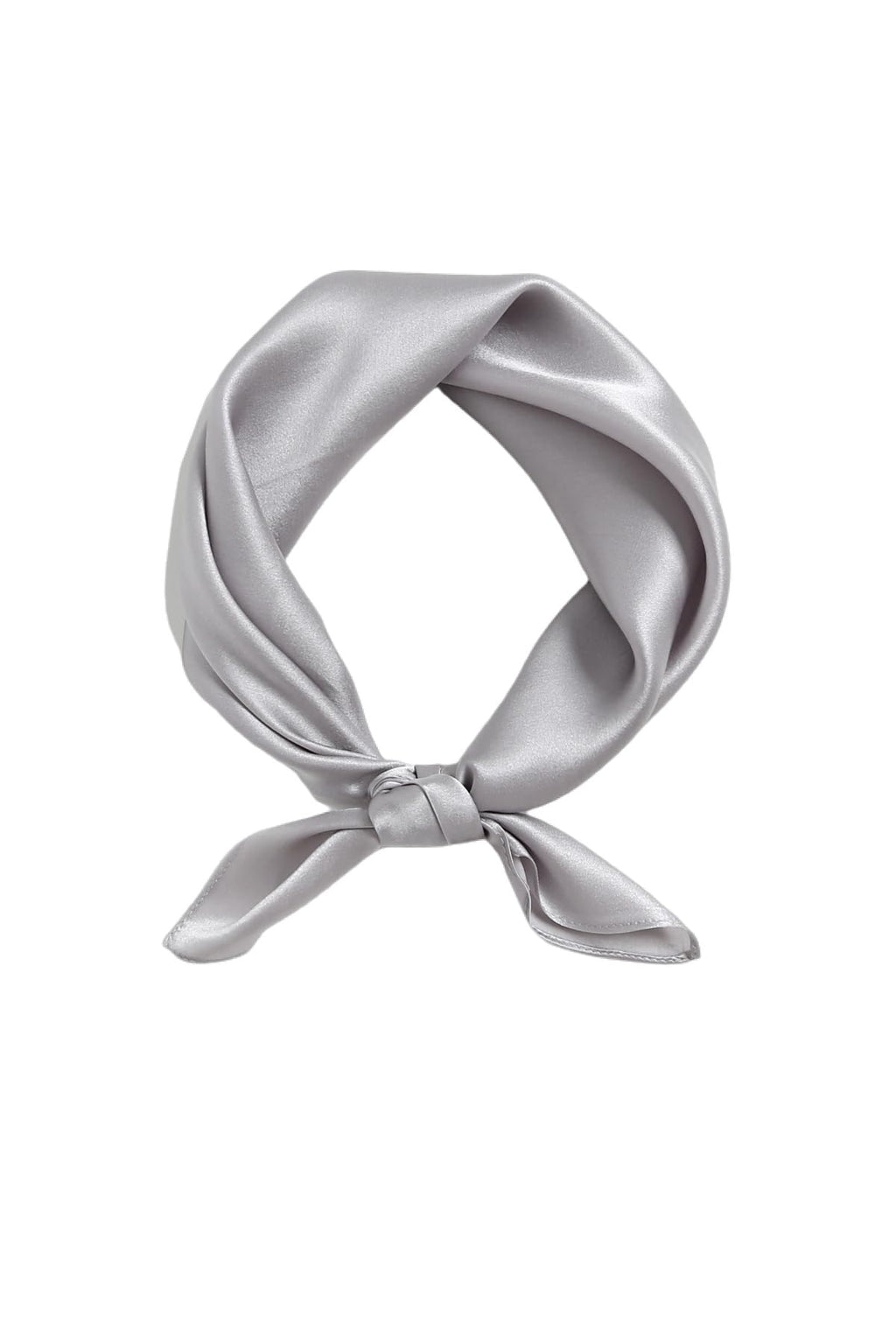 Cloud grey silk charmeuse neckerchief knotted into a loop against a white background