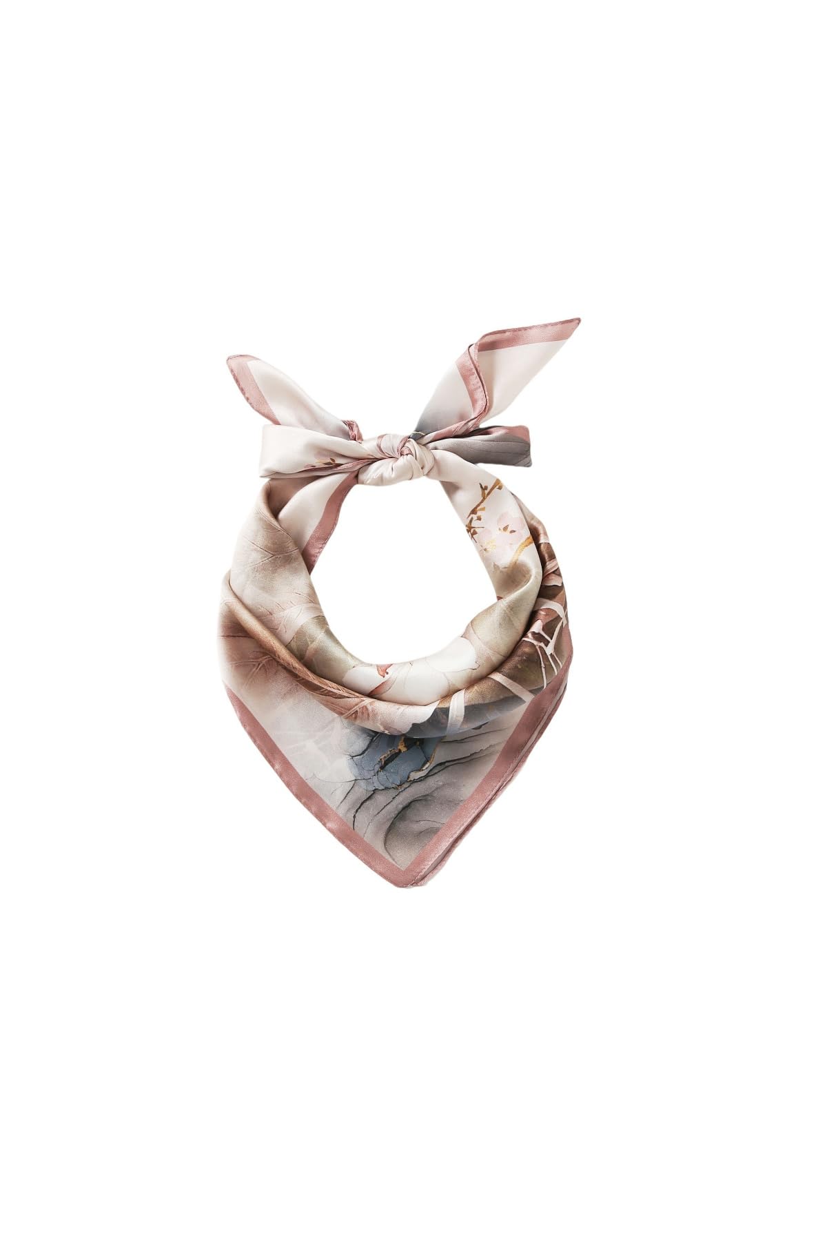 Pale silk scarf with ink wash lotus and peony in indigo and sepia with gold line work and a dusty rose border
