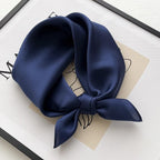 Navy silk square knotted and laid on a framed line drawing, tails pointing down