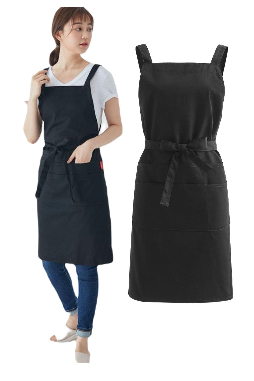 Woman wearing a black cotton twill apron beside the same apron shown from the front