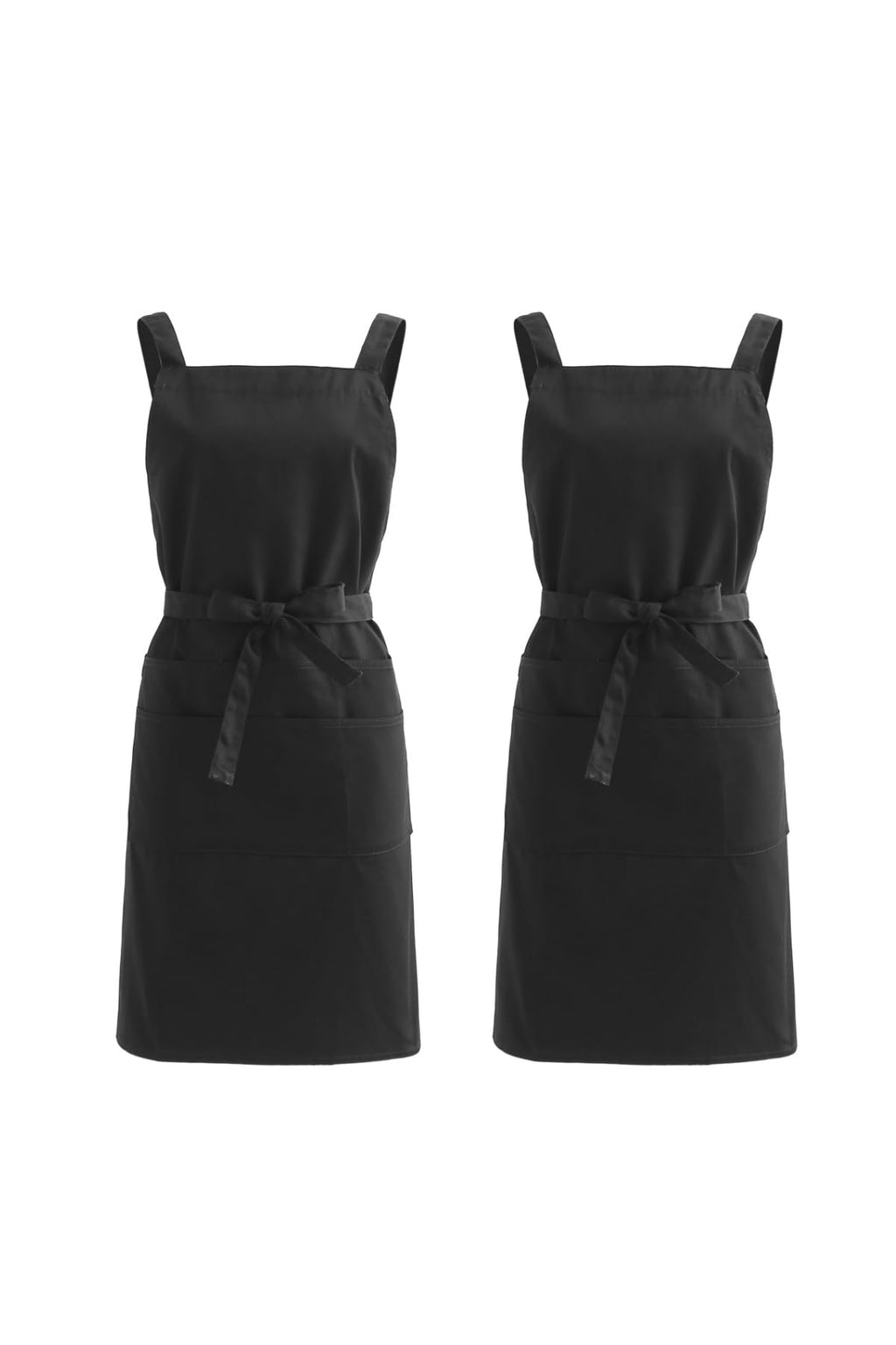 Two black cotton twill aprons side by side showing what comes in the two pack