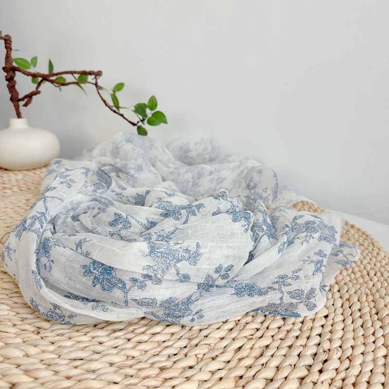 Close view of the blue botanical print on woven flax