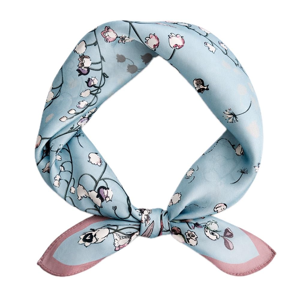 Misty blue lily-of-the-valley square twisted and tied, dusty rose border on the tails