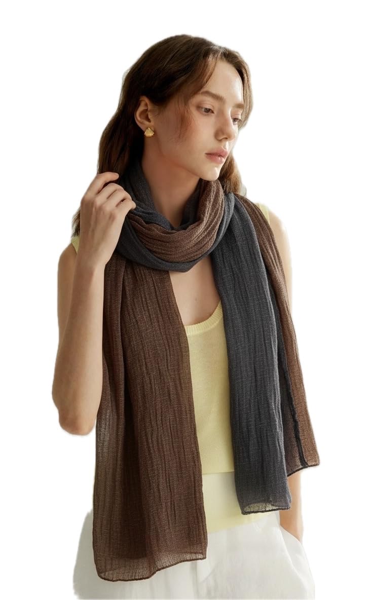 Long two tone cotton scarf in coffee and charcoal looped once against a white background