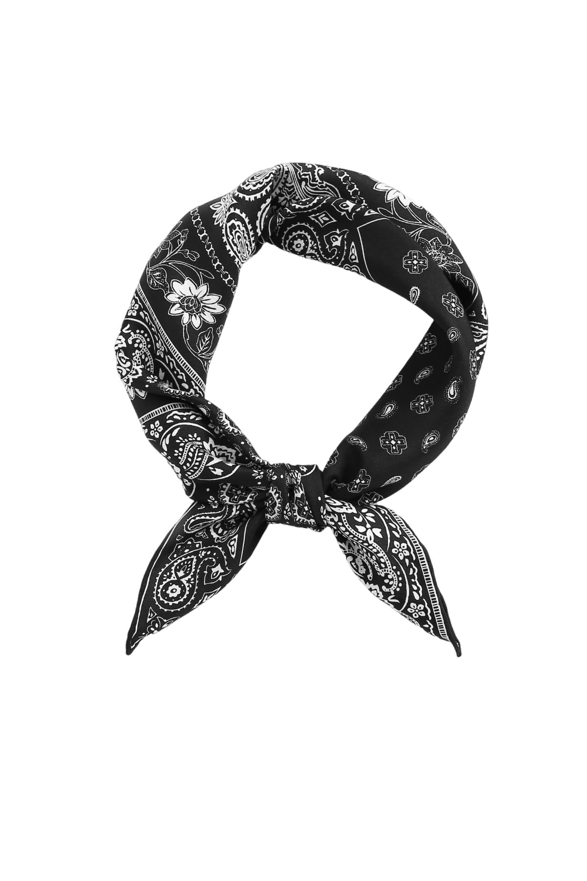 Black bandana-print silk square knotted into a loop with two pointed tails