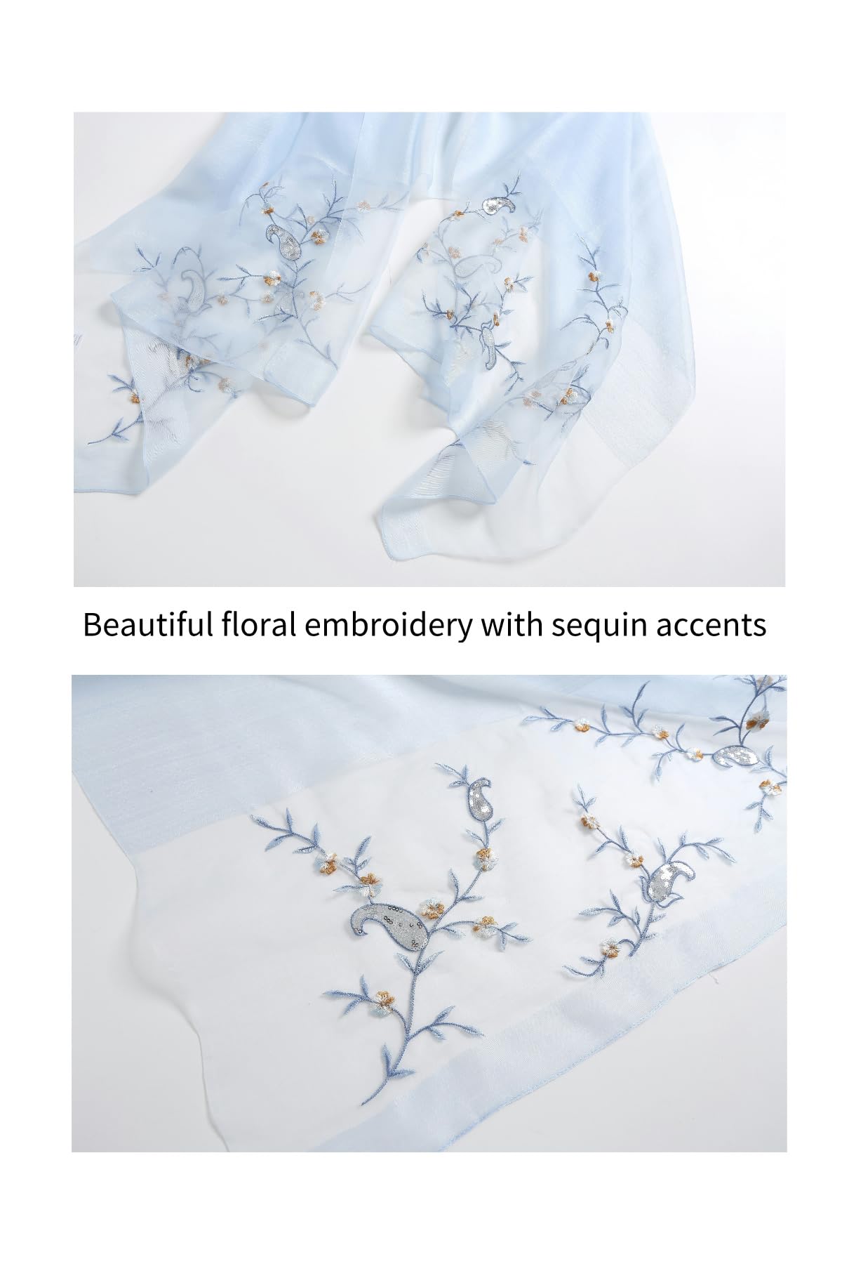 Two close ups of the trailing vine embroidery with sequin accents