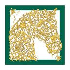 The full square flat, gold buckles, bits and chains on ivory inside a deep green border