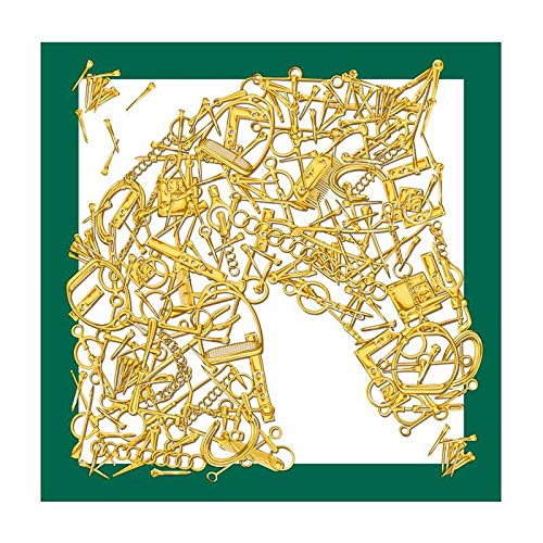 The full square flat, gold buckles, bits and chains on ivory inside a deep green border