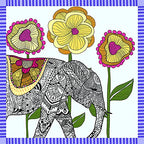 The full square flat, an elephant drawn in fine black line under three gold blooms