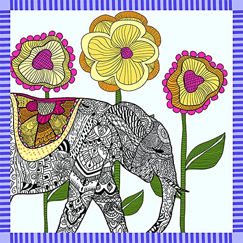 The full square flat, an elephant drawn in fine black line under three gold blooms