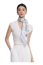 Pale blue and white silk scarf printed with botanical sprays butterflies and dragonflies