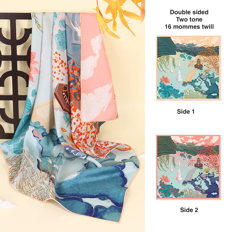 Both sides of the two lakes silk scarf shown side by side in jade and blush